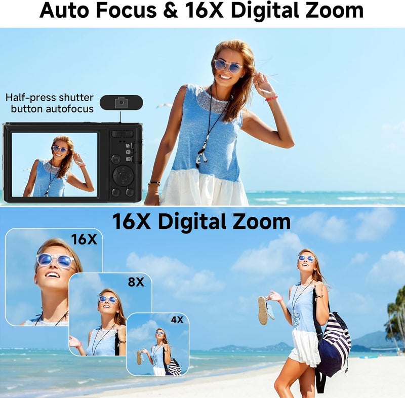 ceye Digital Camera, FHD 4K 44MP Digital Camera, 16X Digital Zoom, Digital Point and Shoot Camera with 3-LED Fill Lights, 64GB SD Card, Compact Camera for Kids Teen Boys Girls, Black - Image 5